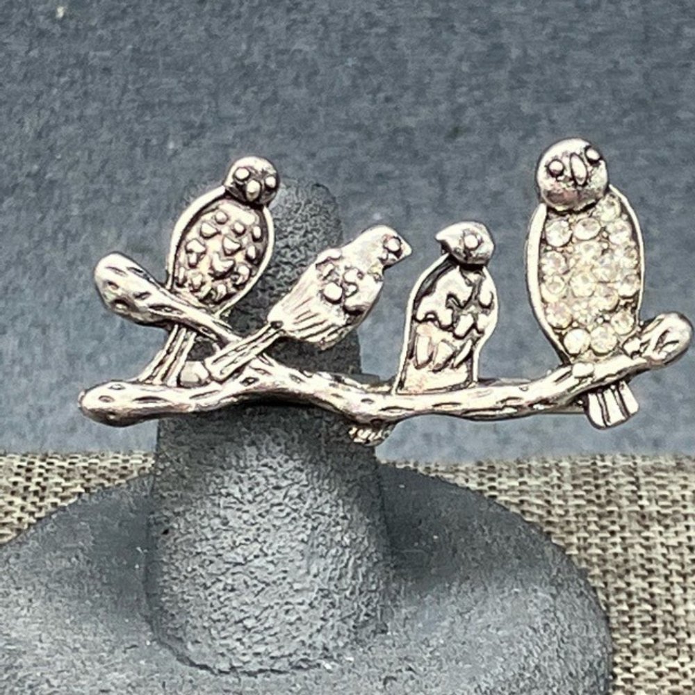 Perched Birds Double Ring Branch Silver Rhinestone Retro BoHo Soft Girl Cottage